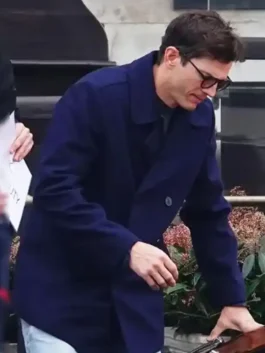 Close-up of the fabric on the Ashton Kutcher The Beauty Blue Peacoat.