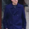 Front view of the classic Ashton Kutcher The Beauty Blue Peacoat.