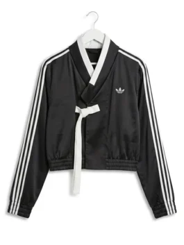 Women's black wrap-style Hanbok fusion jacket with white stripes.