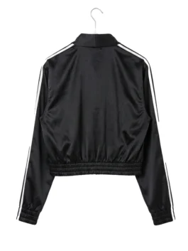 Modern black athletic jacket featuring a traditional tie-front closure.