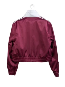 Traditional inspired tie-front athletic jacket in deep maroon.