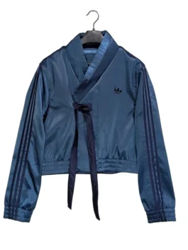 Navy blue cropped jacket with traditional ribbon detail