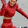 Front view of the vibrant Bella Hadid Red Leather Jacket.