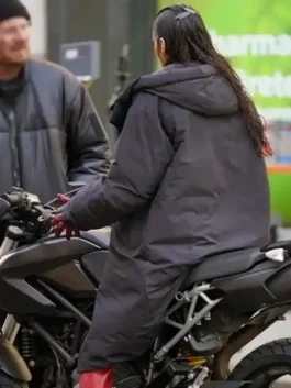 Back view of the stylish Bella Hadid The Beauty Hooded Coat.