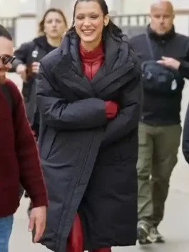 Front view of the classic Bella Hadid The Beauty Hooded Coat.