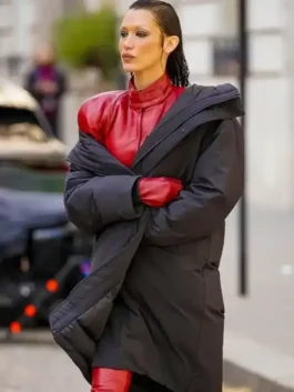 Side profile view of the Bella Hadid The Beauty Hooded Coat.