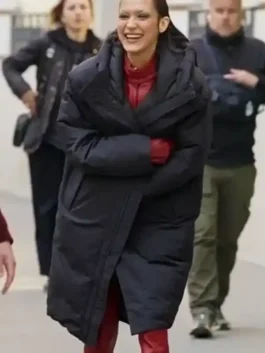 Full style look of the Bella Hadid The Beauty Hooded Coat.