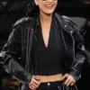 Front view of the Bella Hadid The Beauty Leather Jacket.