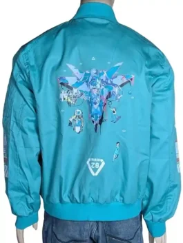 Tactical green streetwear bomber jacket with multiple utility patches and ribbed knit cuffs.