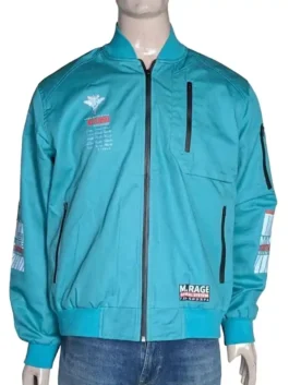 Green Boomslank x M.RAGE Arsenal Bomber Jacket with white graphic sleeves and tactical chest pockets.