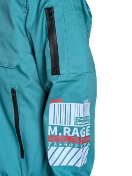 Graphic techwear green jacket with white and red shoulder patches and black hardware.