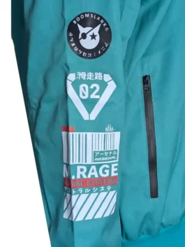 Men's green bomber jacket with anime-style branding and adjustable black hood drawstrings.