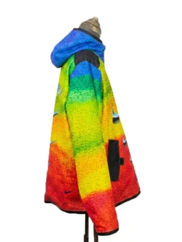 Side Profile View of Multi Color Rainbow Pullover Jacket Displaying Seamless Horizon Color Alignment and Hood Structure