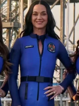 Katy Perry Blue Space Jumpsuit in professional blue with a luxury shirt collar and zipper style.