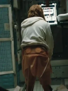 Back view of the Project Hail Mary Ryan Gosling white hooded jacket worn in a spaceship setting.