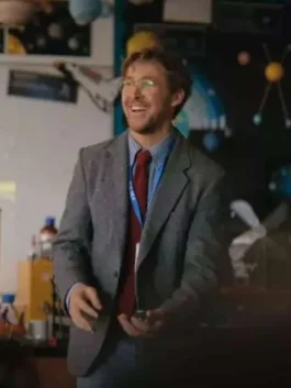 Ryan Gosling wearing the Project Hail Mary Ryland Grace grey wool blazer in a classroom.