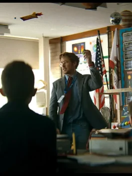 Ryan Gosling Project Hail Mary grey blazer as Ryland Grace in classroom formal outfit scene