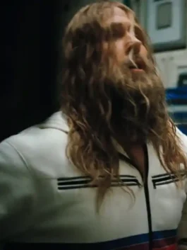 Ryan Gosling wearing the Project Hail Mary white hooded jacket with a long beard and hair.