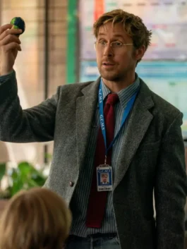 Ryan Gosling grey blazer in Project Hail Mary as Ryland Grace teaching in class