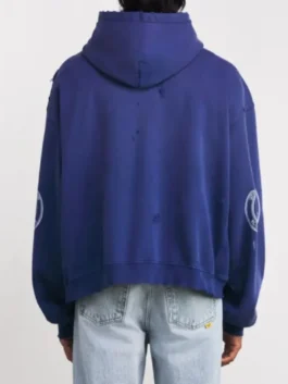 Adam Levine The Voice S29 Chateau Ranch Hoodie back view highlighting professional blue fabric and luxury rib knitted cuffs.