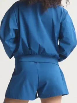 Adidas Babymonster Jacket back view highlighting professional blue panels and luxury full length sleeves.