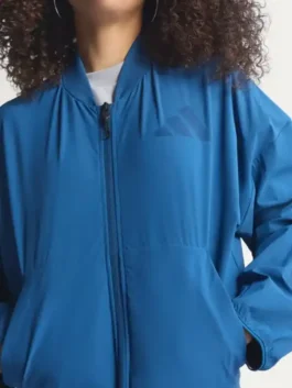 Adidas Babymonster Jacket closeup featuring professional rib knitted collar and luxury zipper.