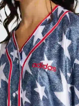 Adidas Denim Graphic Baseball Jersey featuring professional blue panels and a luxury traditional V neck collar.