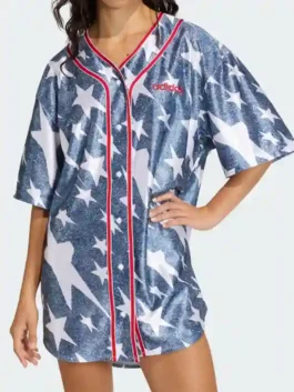 Adidas Denim Graphic Baseball Jersey front view highlighting professional buttoned style and luxury wide sleeves.