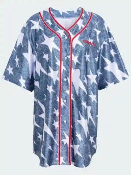 Adidas Denim Graphic Baseball Jersey in a professional finish with luxury front buttons and red accents.