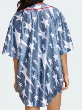 Adidas Denim Graphic Baseball Jersey back view in professional blue fabric with luxury wide short sleeves.