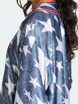 Adidas Denim Graphic Baseball Jersey in professional blue polyester with luxury red accents and side panels.