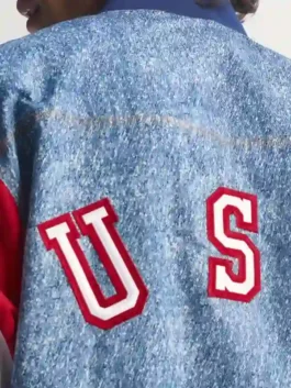 Adidas Denim Graphic Track Top embroidery showcasing professional detail and luxury premium denim fabric.