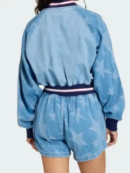 Adidas Denim Graphic Varsity Bomber Jacket back view in professional blue denim with luxury rib knitted cuffs.