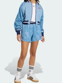 Adidas Denim Graphic Varsity Bomber Jacket in professional blue high density denim with luxury sleeves.