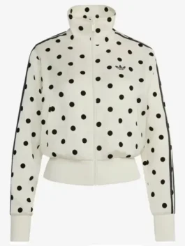 Adidas Polka Dot Jacket in professional white fleece with a luxury stand up collar and zipper closure.
