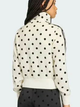 Adidas Polka Dot Jacket back view featuring professional white fleece and luxury rib knitted cuffs.