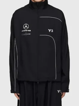 Y-3 Mercedes AMG Team Track Jacket showcasing professional fabric grain and luxury ergonomic stand up collar.