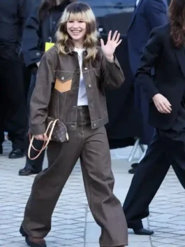 Paris Fashion Week 2026 Alysa Liu Jacket showcasing professional brown panels and luxury leather accents.