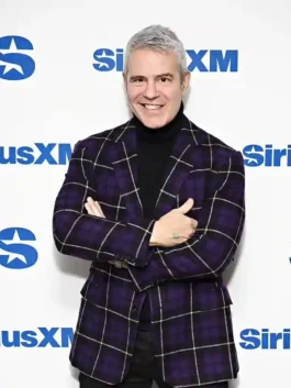Andy Cohen SiriusXM Purple Blazer showcasing professional suiting grain and luxury buttoned cuffs.
