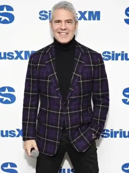 Andy Cohen SiriusXM Purple Blazer featuring professional white stripes and luxury notched lapels.