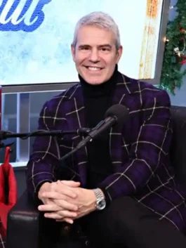 Andy Cohen SiriusXM Purple Blazer featuring professional purple panels and a luxury front buttoned closure.