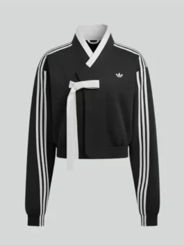 BABYMONSTER × Adidas Hanbok Fusion Jacket featuring professional black panels and a luxury overlapping V neck.