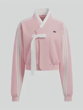 BABYMONSTER × Adidas Hanbok Fusion Jacket featuring professional pink polyester and luxury viscose lining.