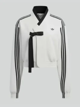 BABYMONSTER × Adidas Hanbok Fusion Jacket in professional white polyester with a luxury wrap style tie.