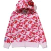 BAPE X HELLO KITTY Camo Hoodie showcasing professional pink camo and a luxury hooded drape.