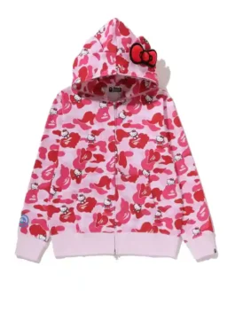 BAPE X HELLO KITTY Camo Hoodie showcasing professional pink camo and a luxury hooded drape.