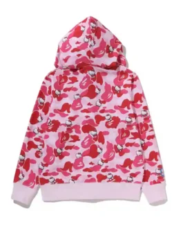 BAPE X HELLO KITTY Camo Hoodie back view highlighting professional camo patterns and luxury fleece texture.