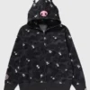 BAPE x KUROMI Camo Hoodie showcasing professional rib knitted cuffs and a luxury black hooded drape.
