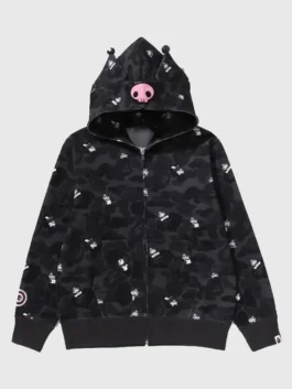 BAPE x KUROMI Camo Hoodie showcasing professional rib knitted cuffs and a luxury black hooded drape.