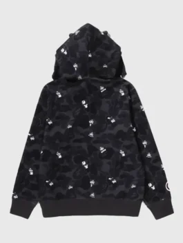 BAPE x KUROMI Camo Hoodie back view highlighting professional shadow camo and luxury black fleece panels.